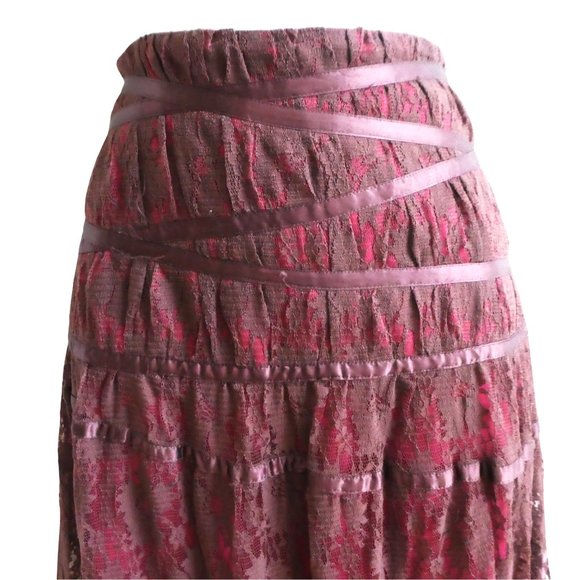SOLD Bebe Maxi Floral Lace Overlay Skirt Burgundy Silk Ribbon Trim Raisonette - Picture 7 of 10